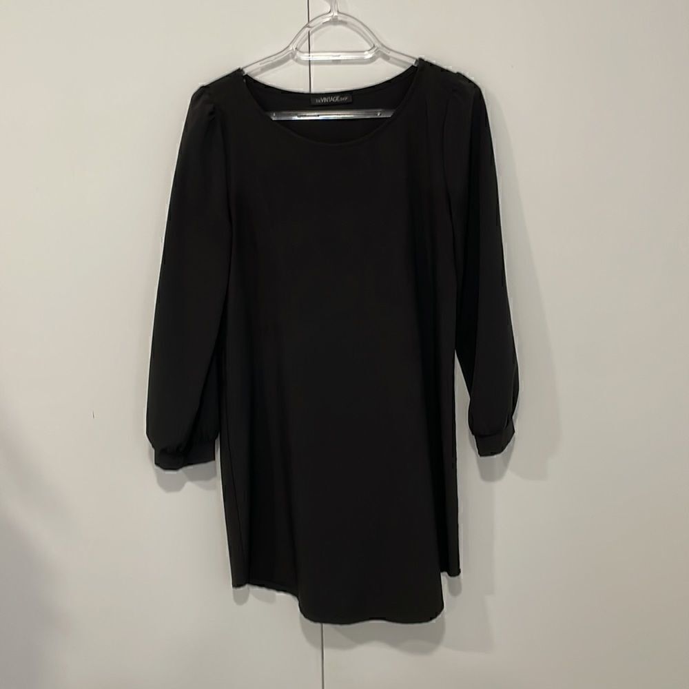 THE VINTAGE SHOP long sleeve bishop sleeve sheath scoop neck black short dress S